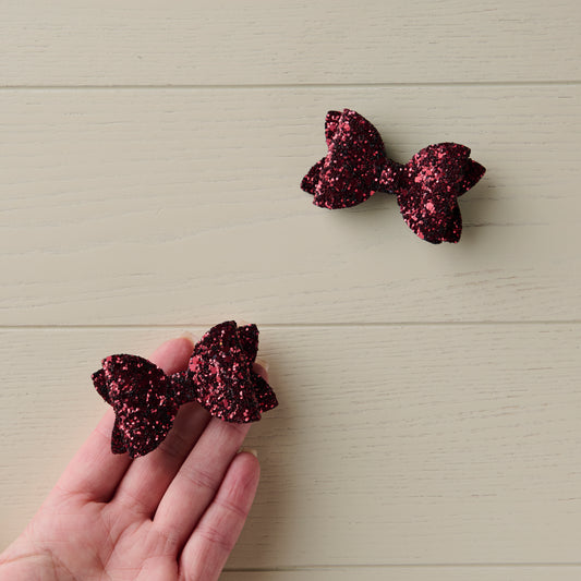 2 Burgundy Jazz Glitter Mini Hair Bows