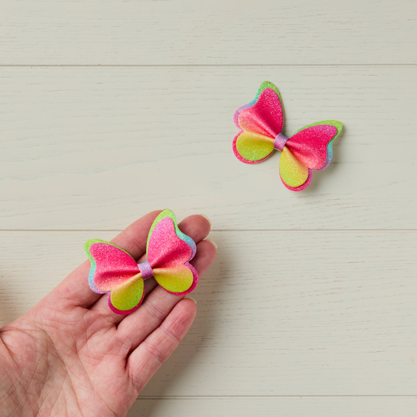2 Neon Rainbow Glitter Butterfly Clips