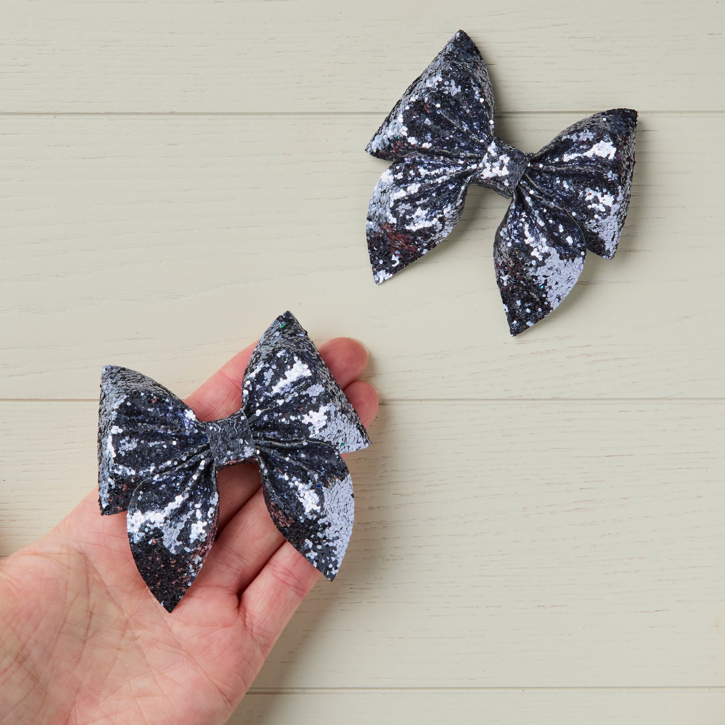 2 Dark Silver Chunky Glitter Hair Bows