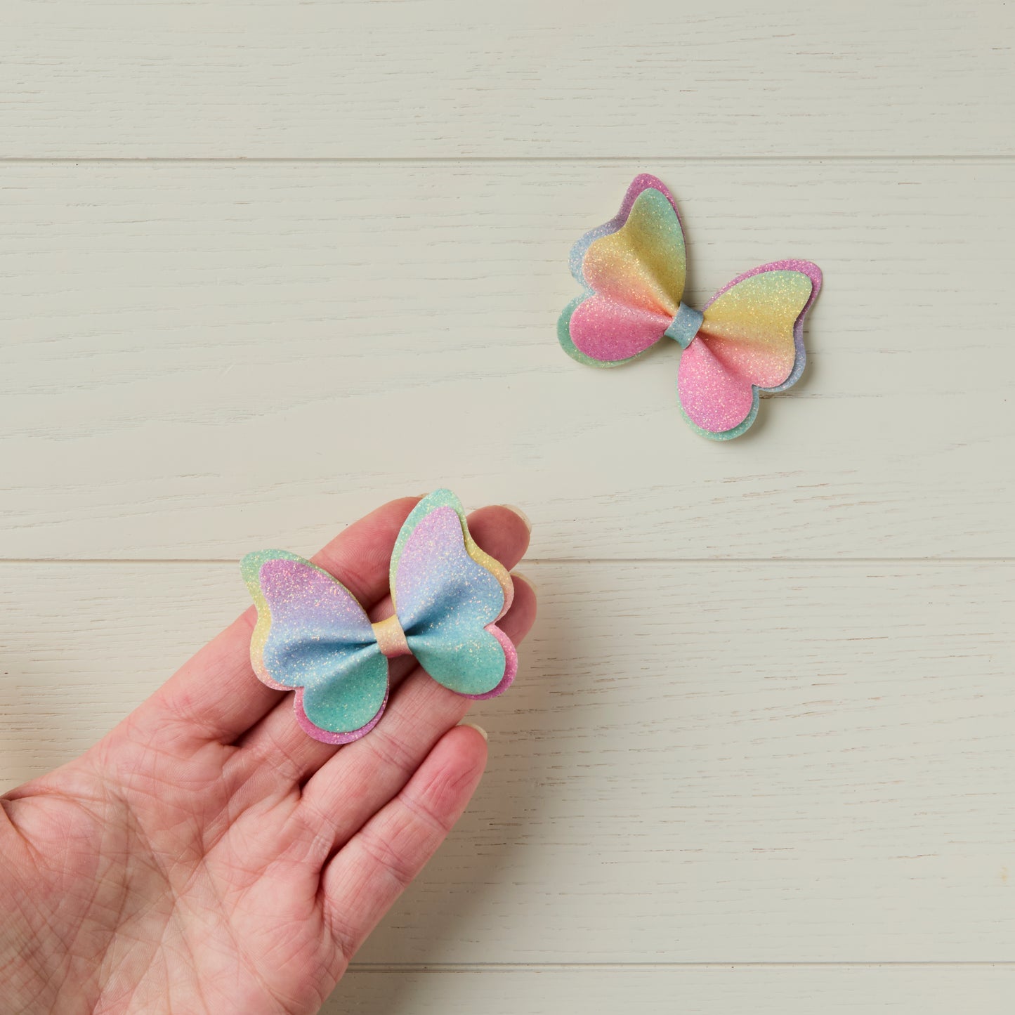 2 Pastel Rainbow Glitter Butterfly Clips
