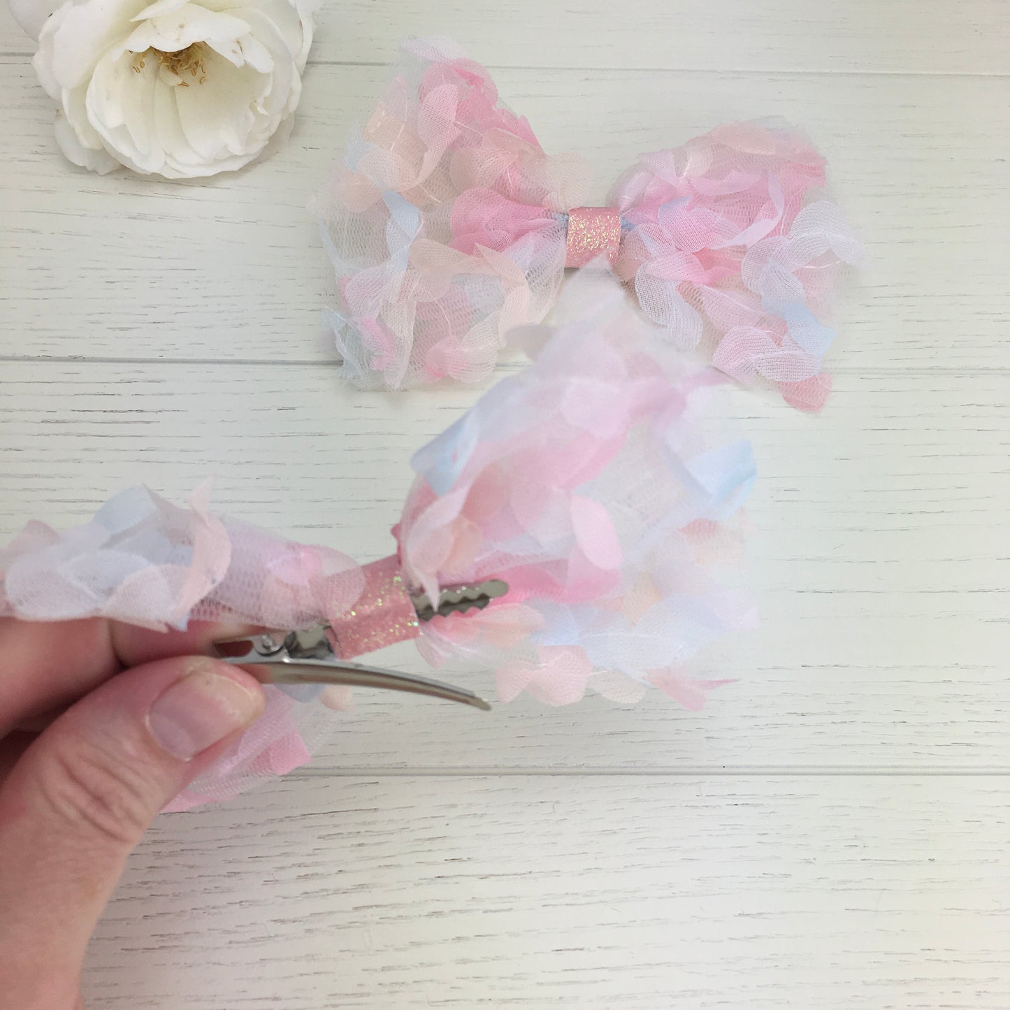 Fluffy Pastel Rainbow Tulle Hair Bow with 3D Flowers