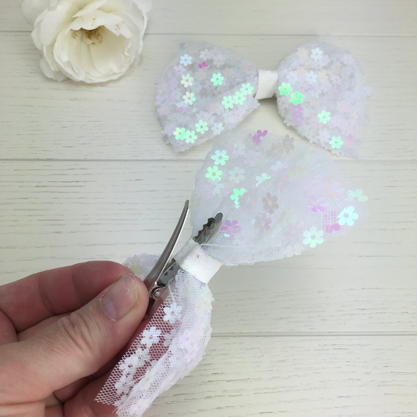 Large White Tulle Hair Bow with Flower Sequins