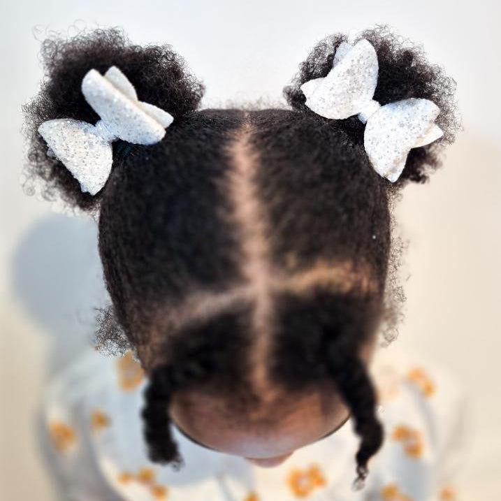 2 Pearl White Jazz Glitter Mini Hair Bows