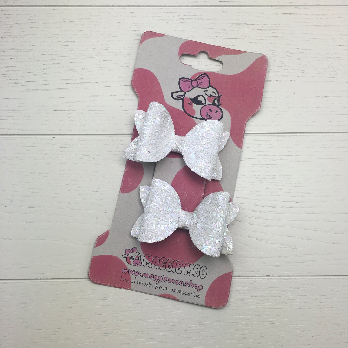 2 White Confetti Glitter Mini Hair Bows