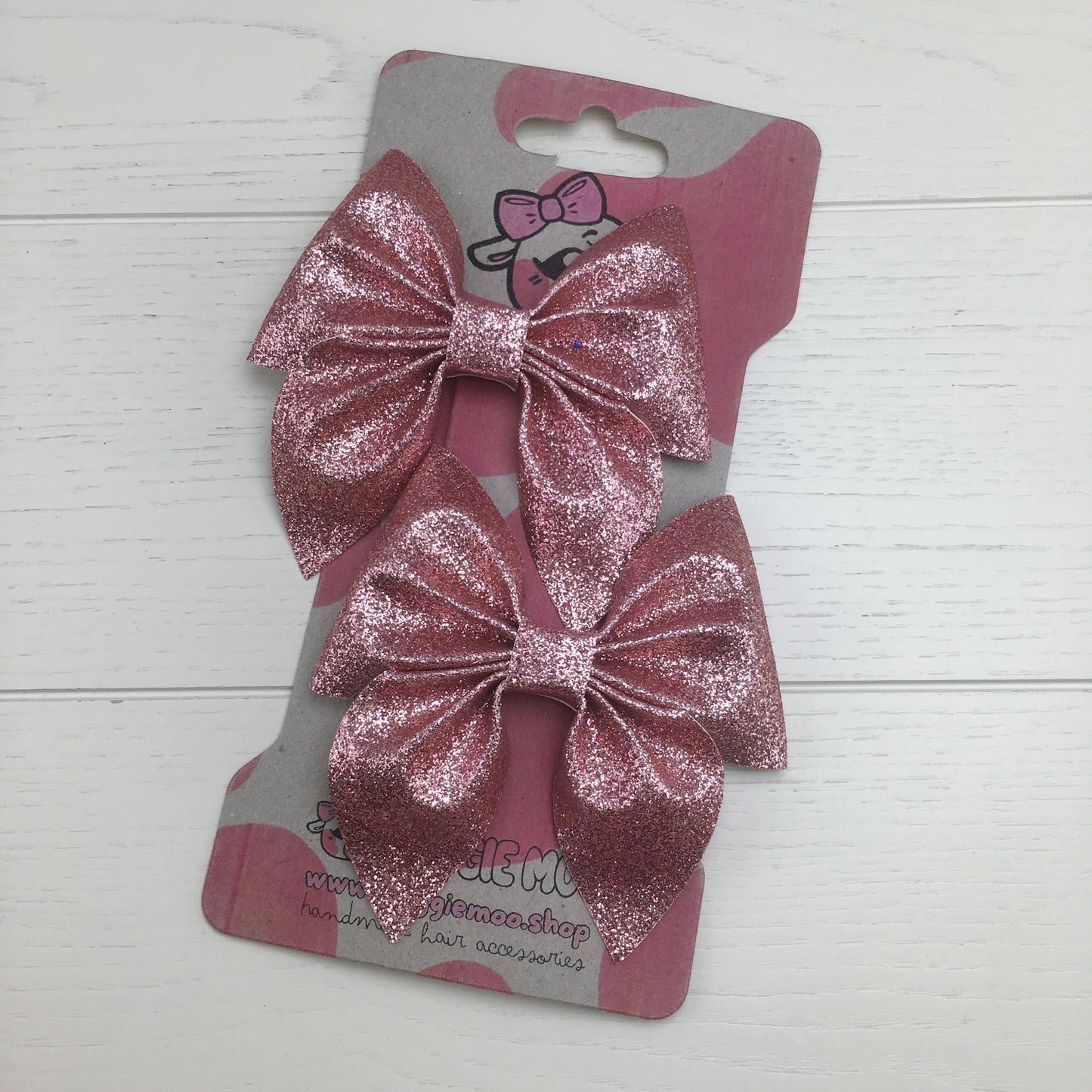 2 Dusky Pink Glitter Hair Bows