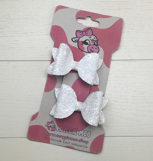 2 White Confetti Glitter Mini Hair Bows