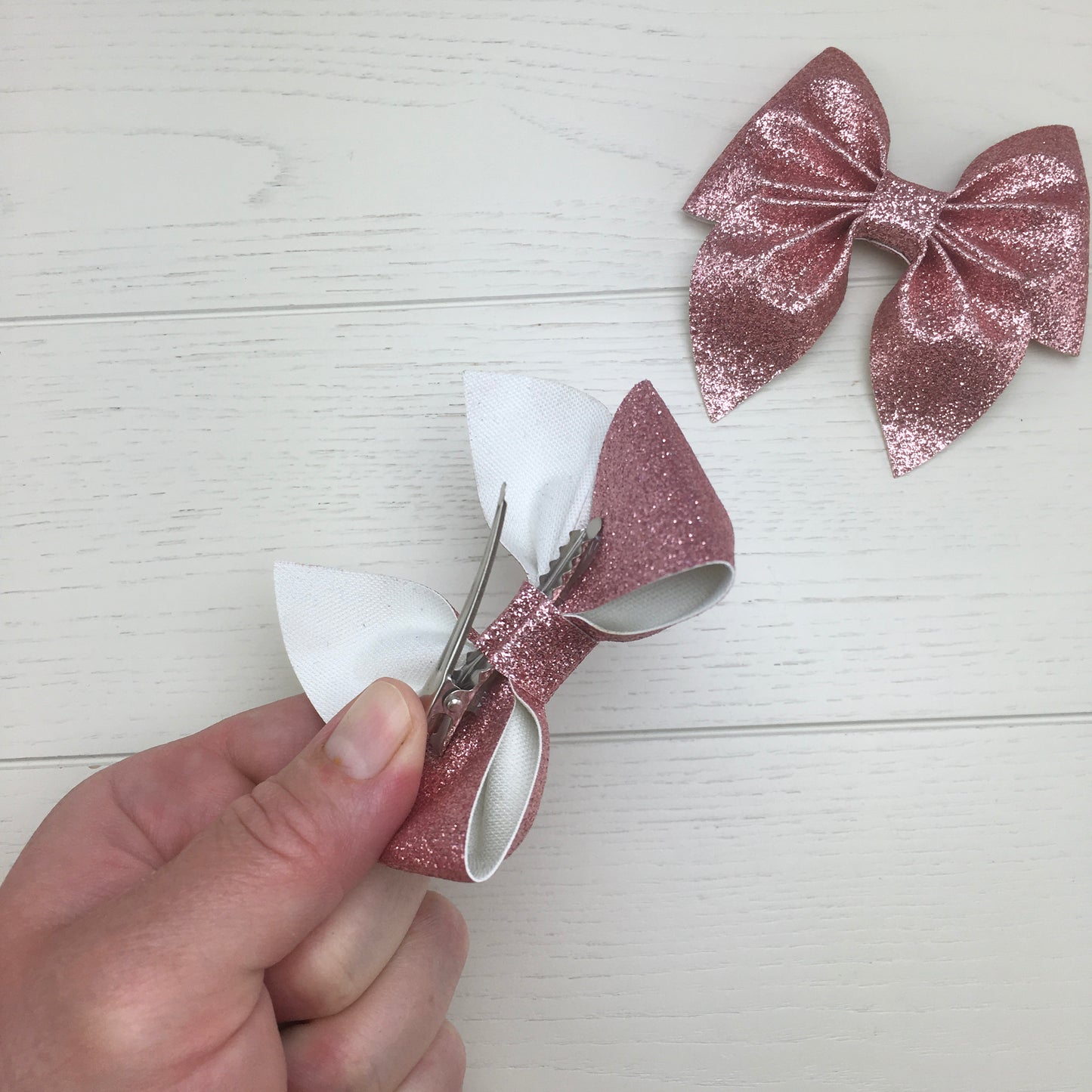 2 Dusky Pink Glitter Hair Bows