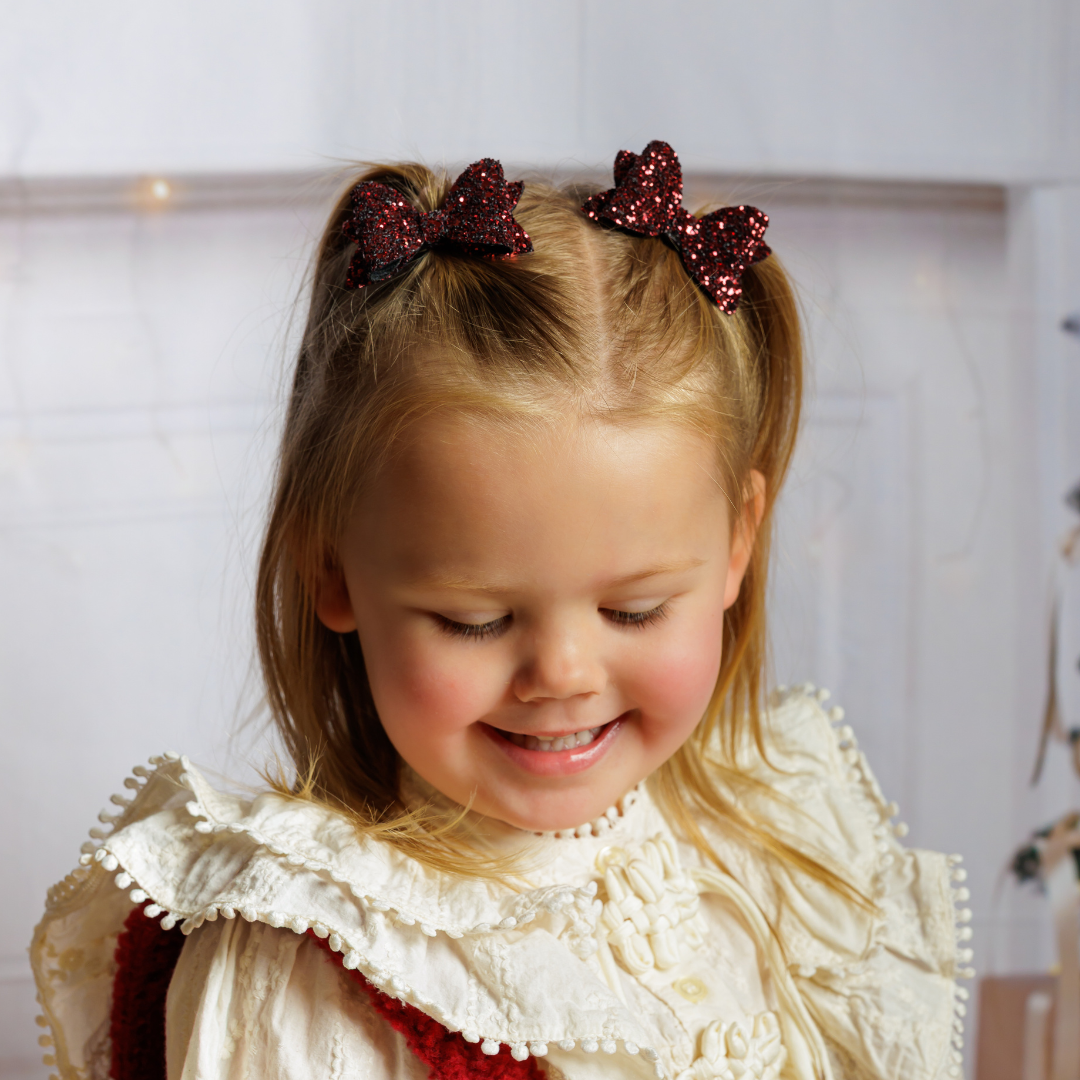 2 Burgundy Jazz Glitter Mini Hair Bows
