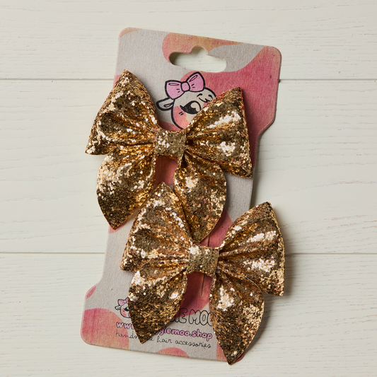 2 Gold Chunky Glitter Hair Bows