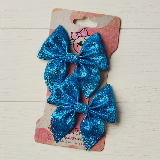 2 Kingfisher Blue Glitter Hair Bows