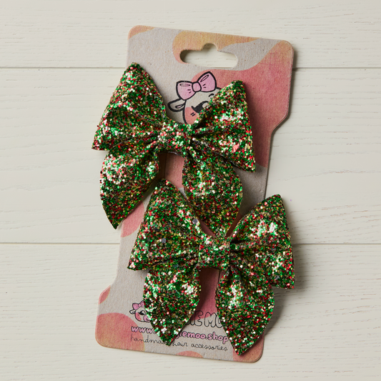 2 Festive Chunky Glitter Hair Bows