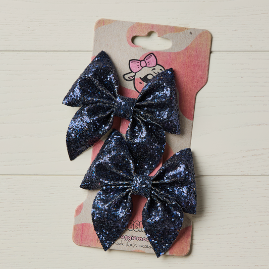 2 Midnight Blue Chunky Glitter Hair Bows