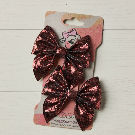 2 Chestnut Brown Chunky Glitter Hair Bows