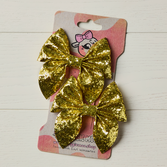 2 Bright Gold Chunky Glitter Hair Bows