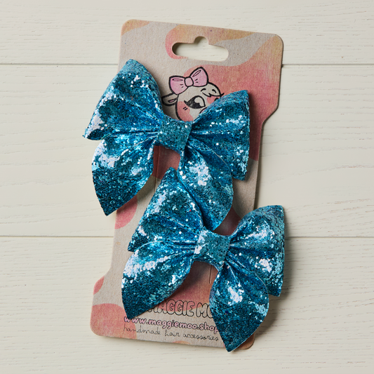 2 Icy Blue Chunky Glitter Hair Bows
