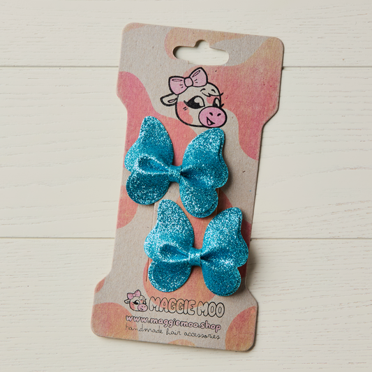 2 Turquoise Blue Glitter Butterfly Clips