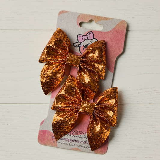 2 Orange Chunky Glitter Hair Bows