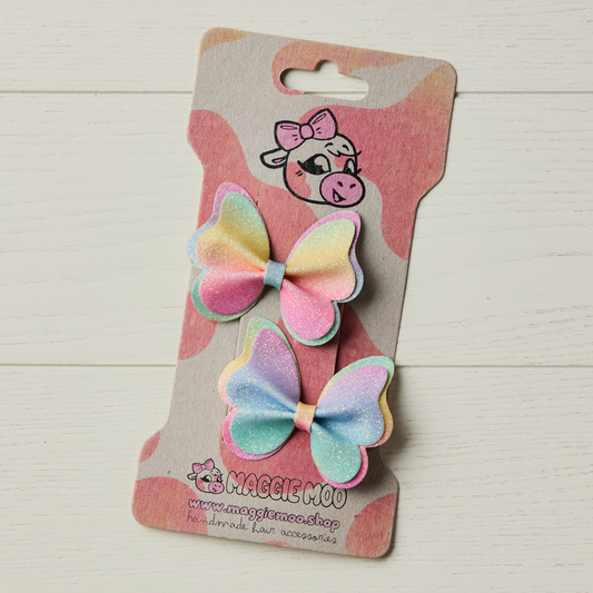 2 Pastel Rainbow Glitter Butterfly Clips