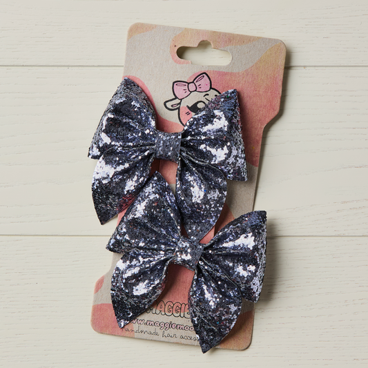 2 Dark Silver Chunky Glitter Hair Bows