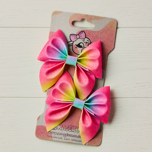 2 Neon Rainbow Glitter Hair Bows