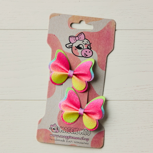 2 Neon Rainbow Glitter Butterfly Clips