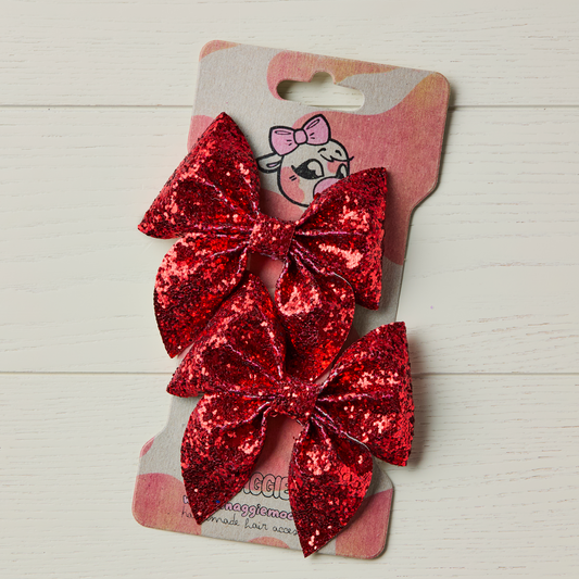2 Red Chunky Glitter Hair Bows