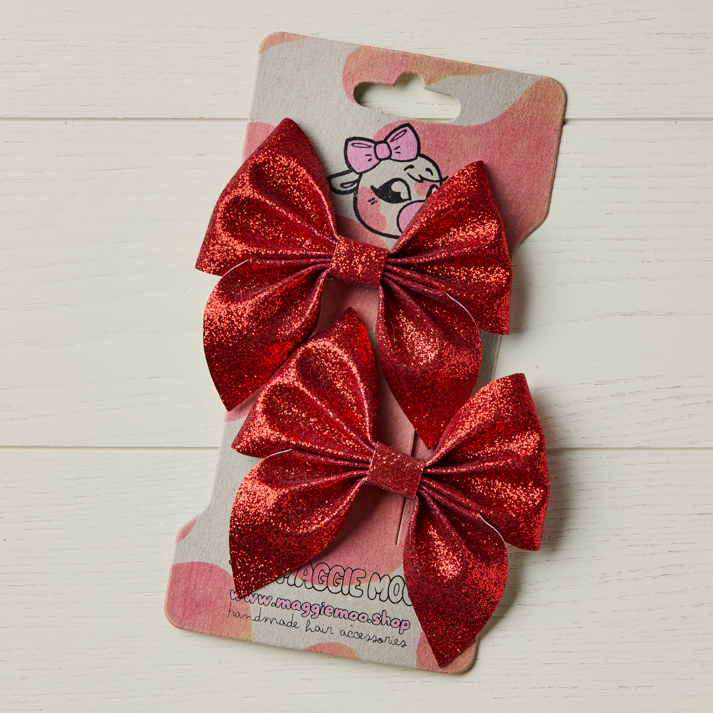 2 Red Glitter Hair Bows