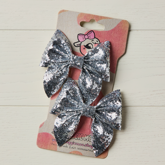 2 Silver Chunky Glitter Hair Bows