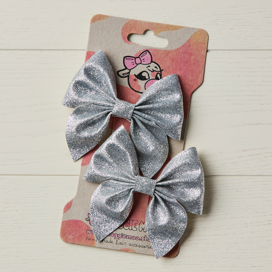 2 Silver Glitter Hair Bows