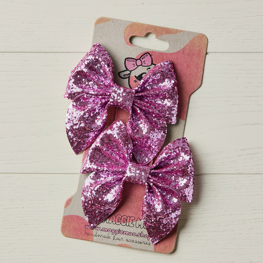 2 Candy Pink Chunky Glitter Hair Bows