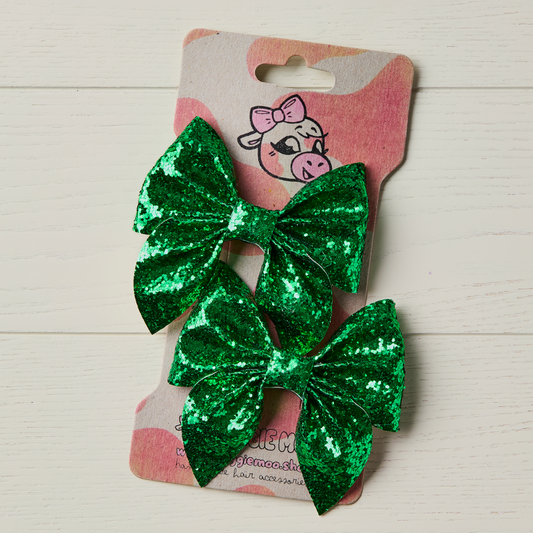 2 Green Chunky Glitter Hair Bows