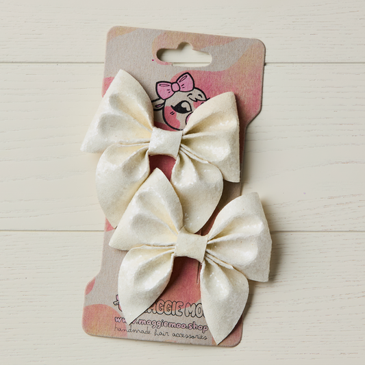 2 Off White Chunky Glitter Hair Bows