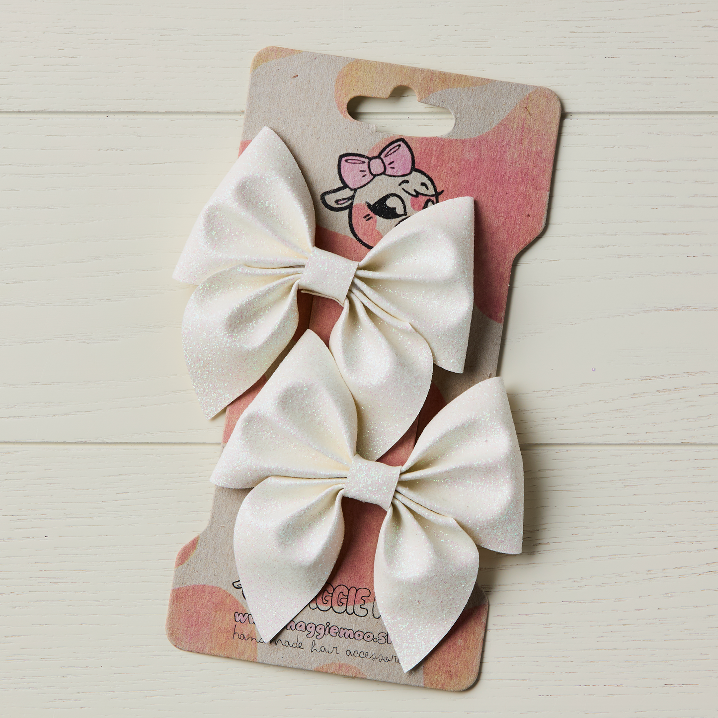 2 Sparkly White Glitter Hair Bows