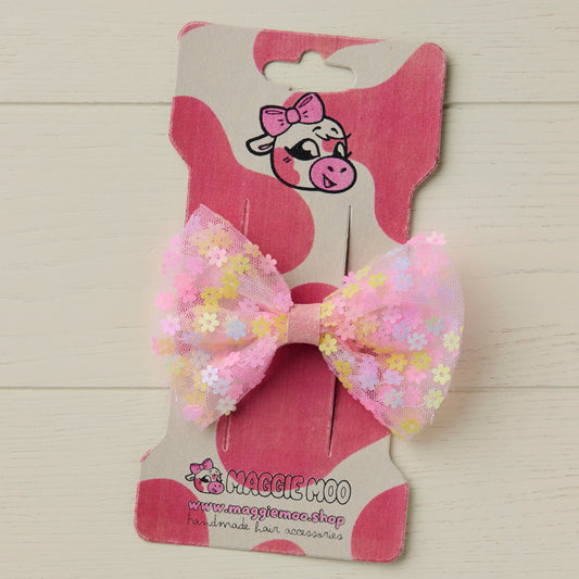 Pastel Rainbow Tulle Hair Bow with Flower Sequins