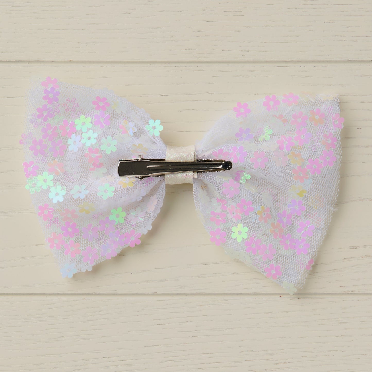 Large White Tulle Hair Bow with Flower Sequins