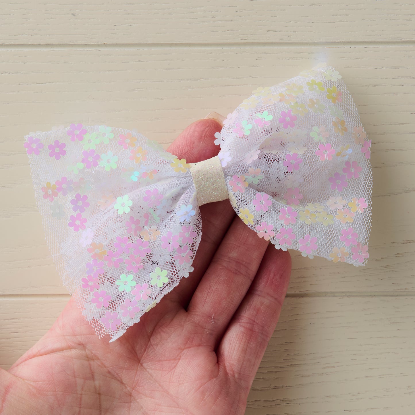 Large White Tulle Hair Bow with Flower Sequins
