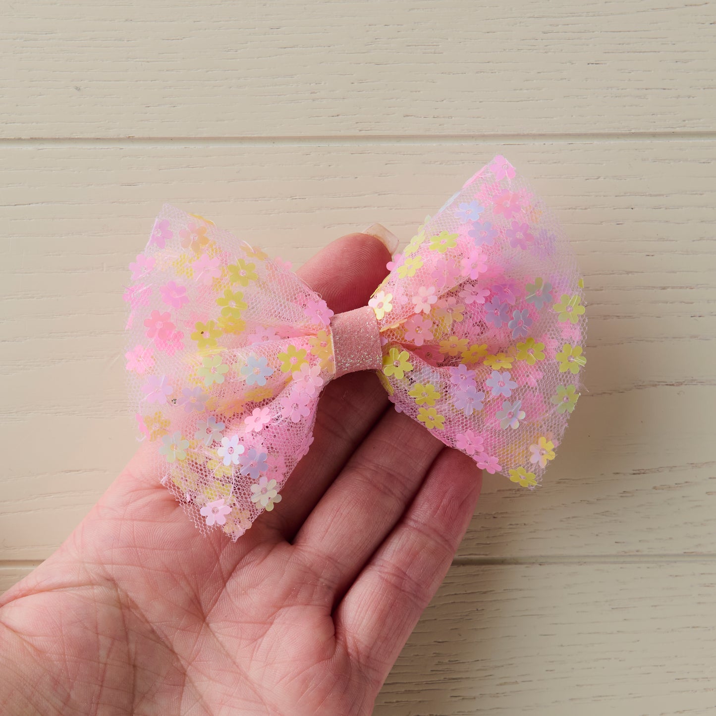 Pastel Rainbow Tulle Hair Bow with Flower Sequins