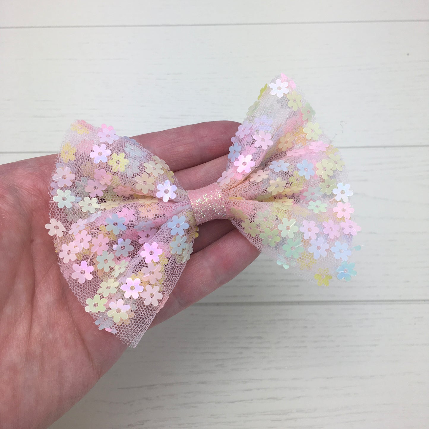 Pastel Rainbow Tulle Hair Bow with Flower Sequins