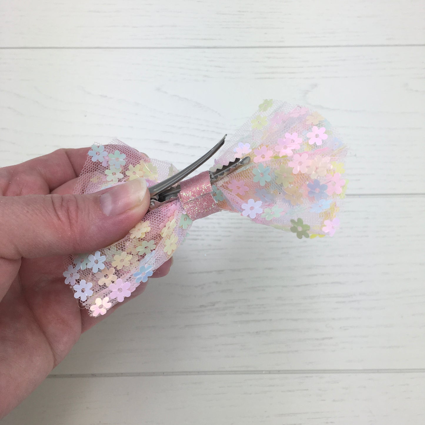 Pastel Rainbow Tulle Hair Bow with Flower Sequins