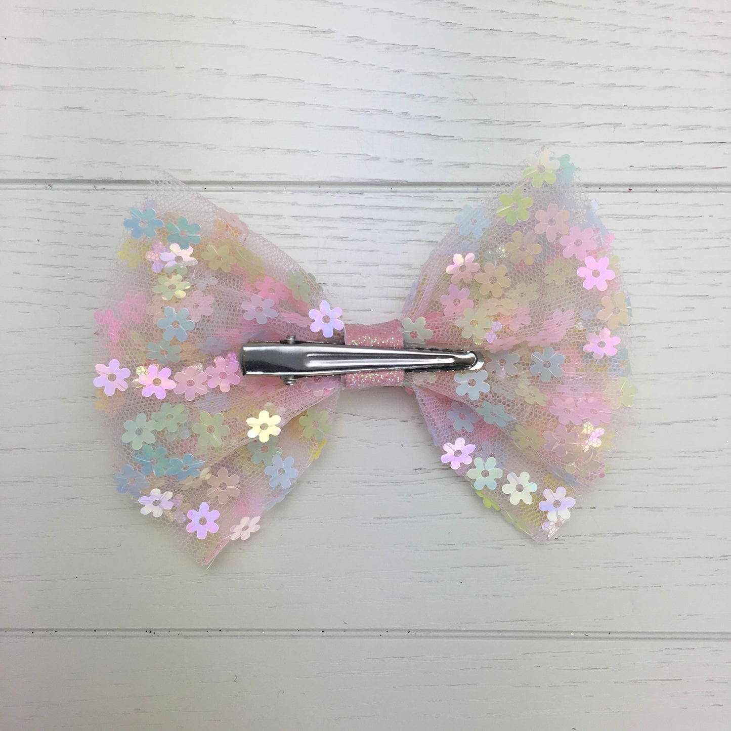 Pastel Rainbow Tulle Hair Bow with Flower Sequins