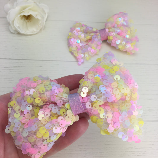 Large Pastel Rainbow Tulle Hair Bow with Sequins