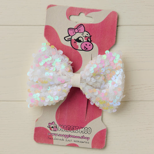 Large White Tulle Hair Bow with Iridescent Sequins