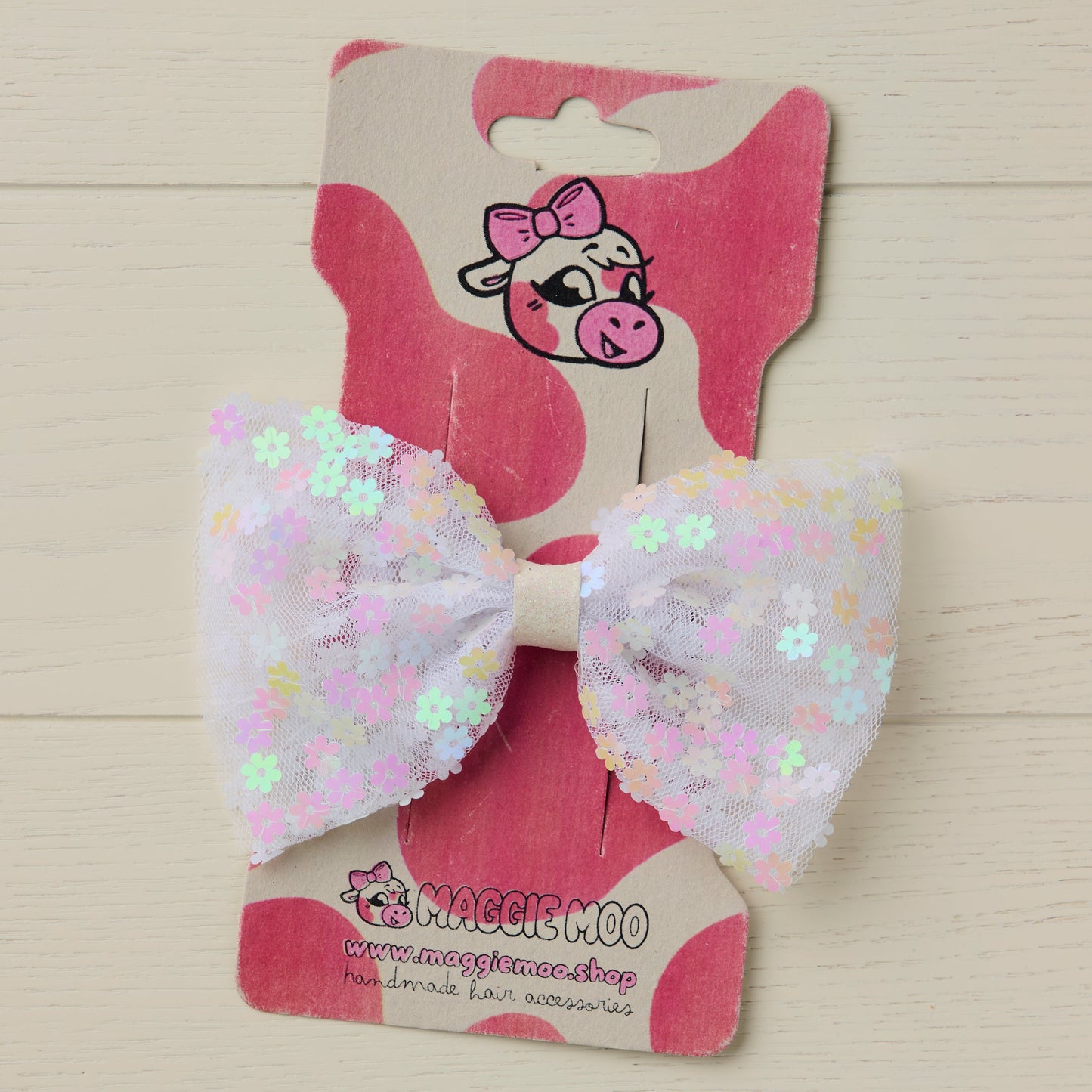 Large White Tulle Hair Bow with Flower Sequins