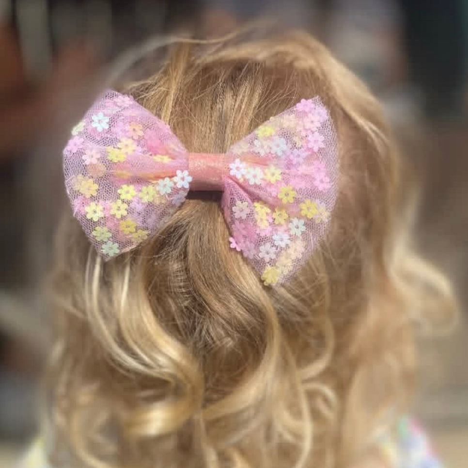 Pastel Rainbow Tulle Hair Bow with Flower Sequins