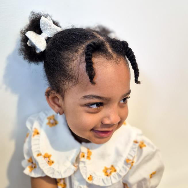 2 Pearl White Jazz Glitter Mini Hair Bows