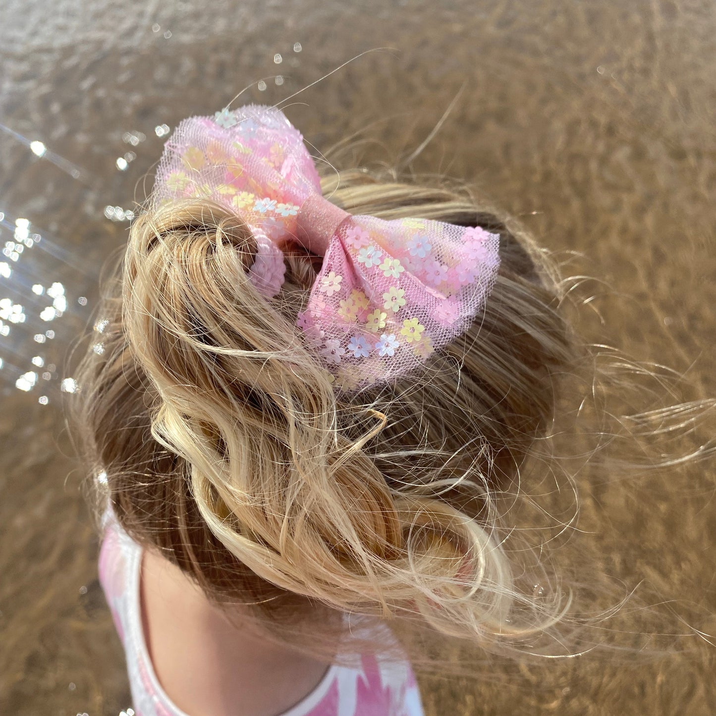 Pastel Rainbow Tulle Hair Bow with Flower Sequins