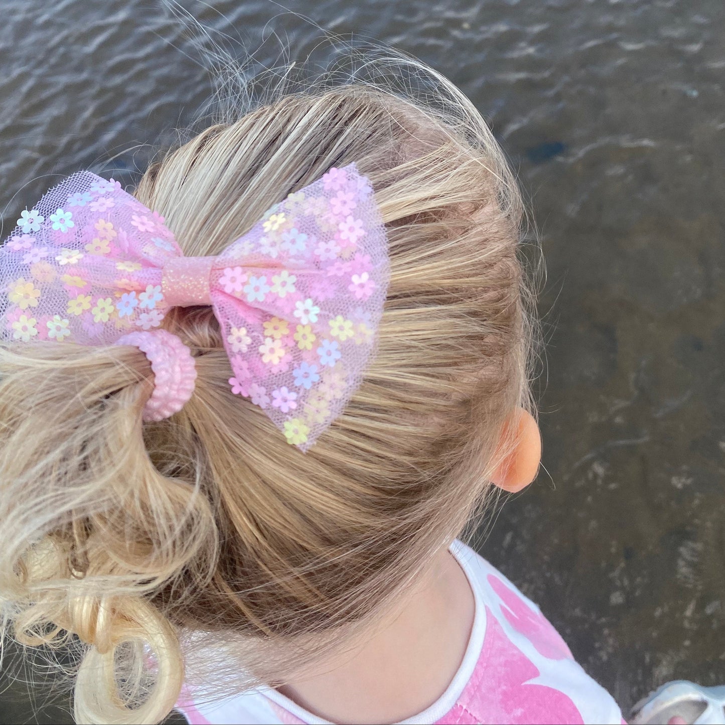 Pastel Rainbow Tulle Hair Bow with Flower Sequins