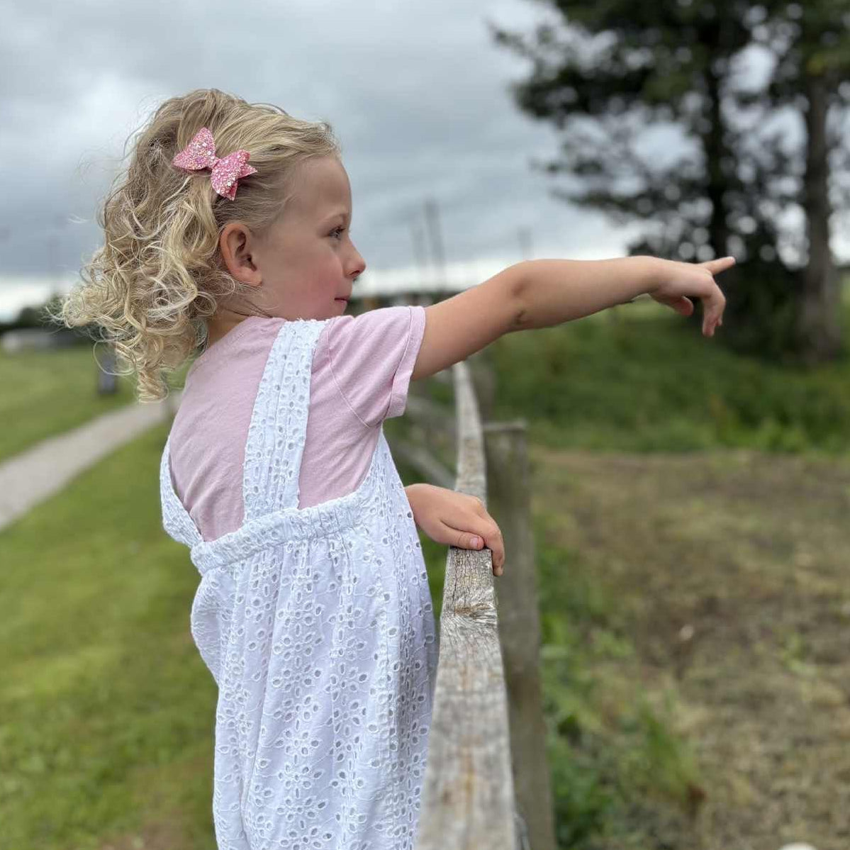 Child wearing a pink sparkly hair bow, in a white outfit and pink shirt climbing on a wooden fence and pointing into the distance.