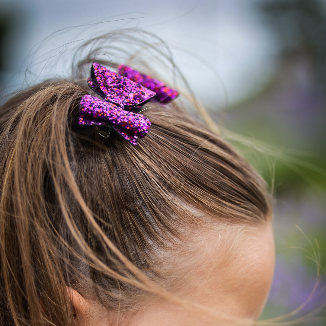 2 Purple Jazz Glitter Mini Hair Bows